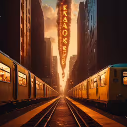 two trains are passing each other on some tracks,a yellow passenger train traveling down tracks between tall buildings