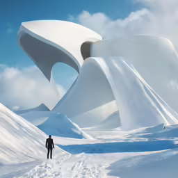 man in winter walking across snow - covered field to artistic architecture