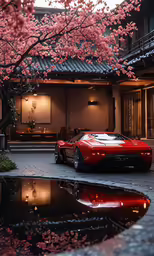 a car sitting on the street next to a tree