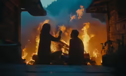 two people sitting by a fire in the night