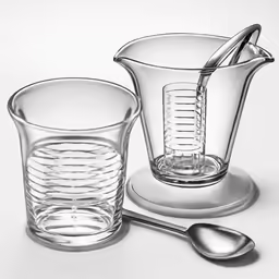 a set of silver spoons, measuring cup and pitcher