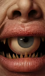 a close up of a human eye with large teeth