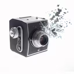 an old camera with a broken lens
