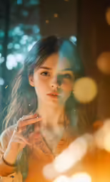 young woman smokes cigarette and makes a smoke gesture