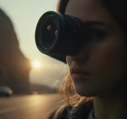 a woman with a camera on her shoulder, staring into the distance