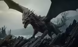 a large demonic looking dragon on the beach