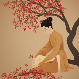 a painting with a woman kneeling on the ground