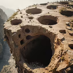 an old rock structure with holes in the side