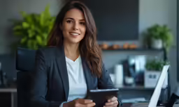 a woman sitting at a desk in an office