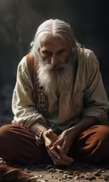 an old man sitting on the ground with his hands together