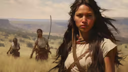 two women in the plains and two men with sword,three young women on horses standing in a field