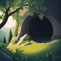 a painting of a forest with trees and a large tunnel