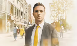 a man in a suit and yellow tie on the street