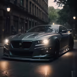a dark car is on a city street in the rain