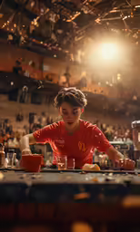 a kid in the middle of a dining table