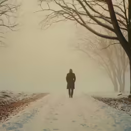 the woman is walking down a snowy path