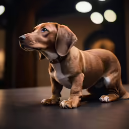 the little dog is standing up looking up