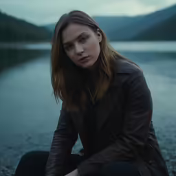 the girl is sitting by the water with her leg crossed