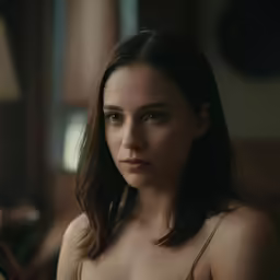 a woman stares ahead with no shirt on