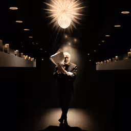 a person in a room with lamps and a light fixture above them