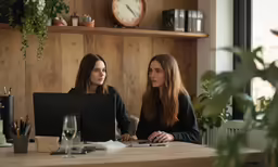 two women talking to each other at desk