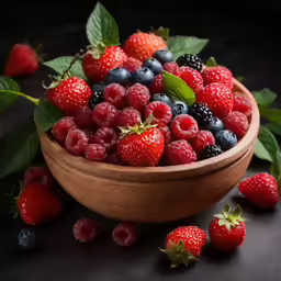 a close up of a wooden bowl filled with berries