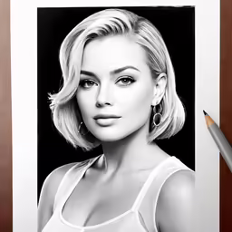 a drawing of a woman in white top and earrings