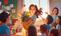 a woman holding a bouquet of flowers standing in front of children