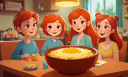 the characters from frozen treats are sitting around a large bowl full of food,a picture of three children eating food in the kitchen