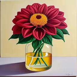 a painting of a flower sitting in a vase filled with oil,a painting of a large red flower with green leaves in a clear glass,a painting of a beautiful red flower sitting in a yellow glass vase,painting of large flower in a clear glass,a painting with bright colors and a very big flower in the center