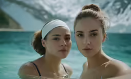 two women are relaxing in the water in front of a mountain