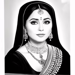 a woman in black and white dressed in jewellery