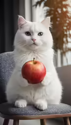 cat with an apple on a chair near a window
