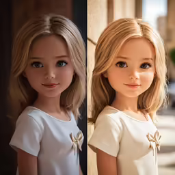 a realistic and animated girl with blonde hair posing in a white top