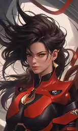 an attractive woman in red and black is surrounded by long hair