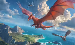 two red dragon flies over a beautiful beach