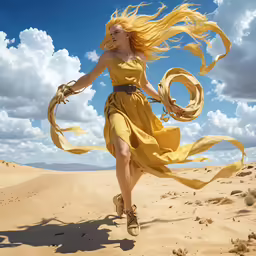 woman in a yellow dress running on a sandy beach