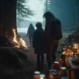 people standing in a dark forest next to a campfire with candles in front