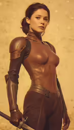 a sexy woman in a leather outfit with a gun