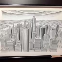 a drawing of a skyline is shown on a desk,drawing by a young person that is sitting on the floor