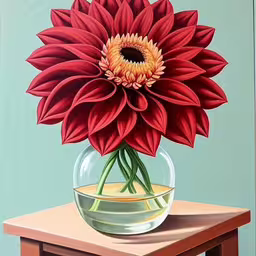 a painting of a flower in a bowl on a table,a painting of a flower in a vase on a table,a red and yellow flower in a vase with water,painting of a large red flower in a glass vase,a colorful flower inside a bowl on a wooden table