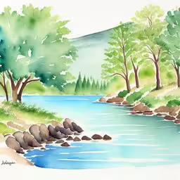 this is a watercolor landscape with trees, a river, and hills,a painting of trees and water,the water is blue and green and is next to some trees,a small lake is in the middle of a green and leafy forest,a painting of a river surrounded by trees and water