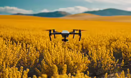the small airplane is flying low over the yellow field