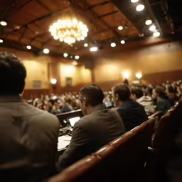 people sitting in chairs in an auditorium watching something