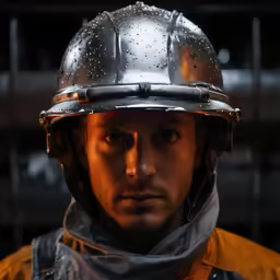 a man is wearing a reflective helmet in the rain