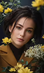 a girl with flowers on her head sitting in front of a dark background