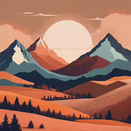 an illustration of mountains with a sunset in the background,an image of a mountain scene from the early morning