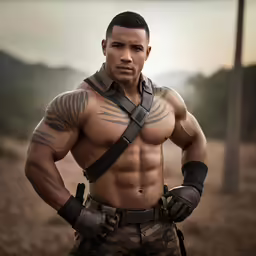 a man wearing gloves with tattoos and carrying a gun
