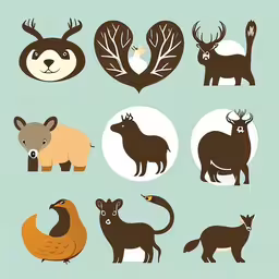 a group of animals and a bird next to each other,many different animals and plants in the shape of heart,a variety of animals that are on a blue background,there are a lot of animals that can be found in the wild,various animals with different shapes and sizes