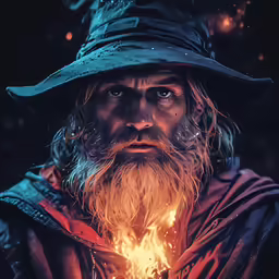 a bearded man with a long beard wearing a hat and holding a torch